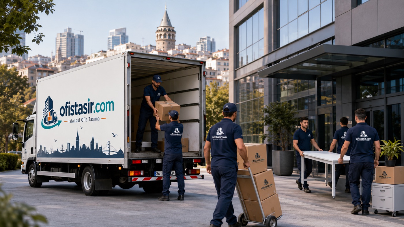 Plaza girişinde ofis taşıma operasyonu — yükleme ve taşıma ekibi